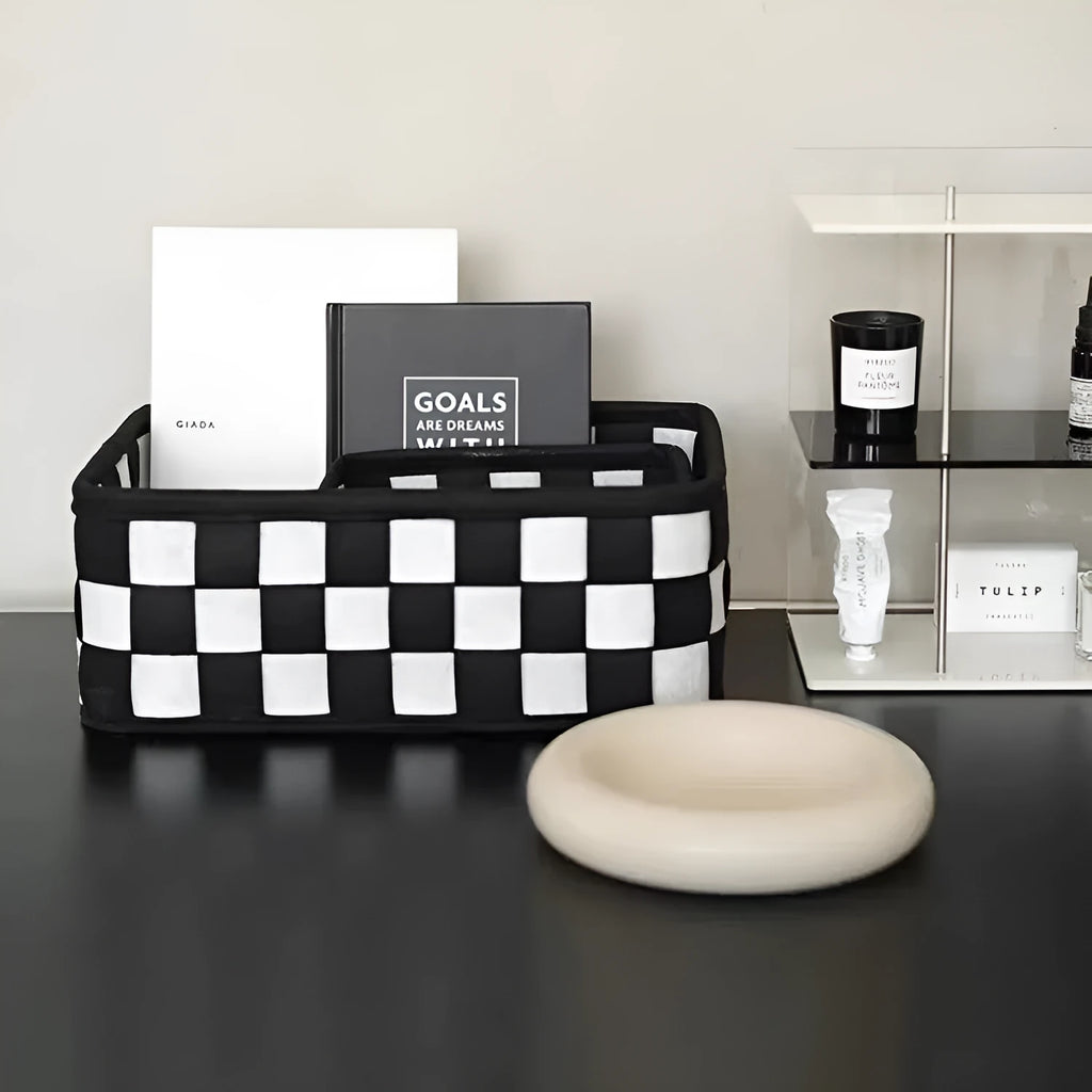 Checkerboard patterned felt storage basket with folding design showing rectangular 37x29x19.5cm dimensions