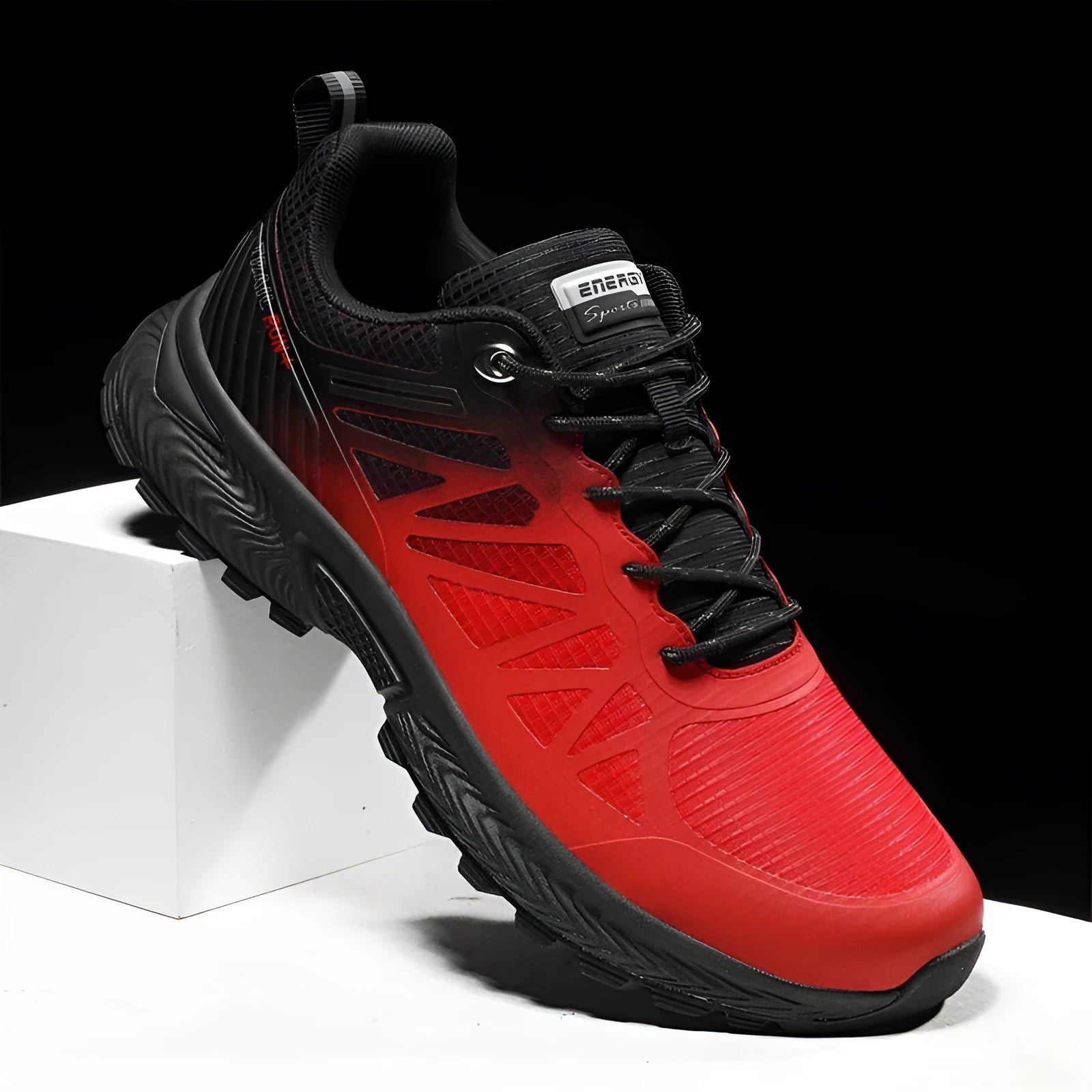 Men's black mesh running shoe with round toe, flat heel, and lace-up front.