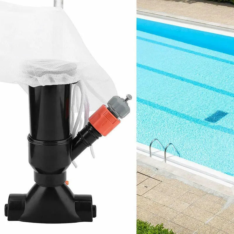 Portable pool jet vacuum cleaner suction head with plastic construction, mesh bag, and garden hose connector for underwater use