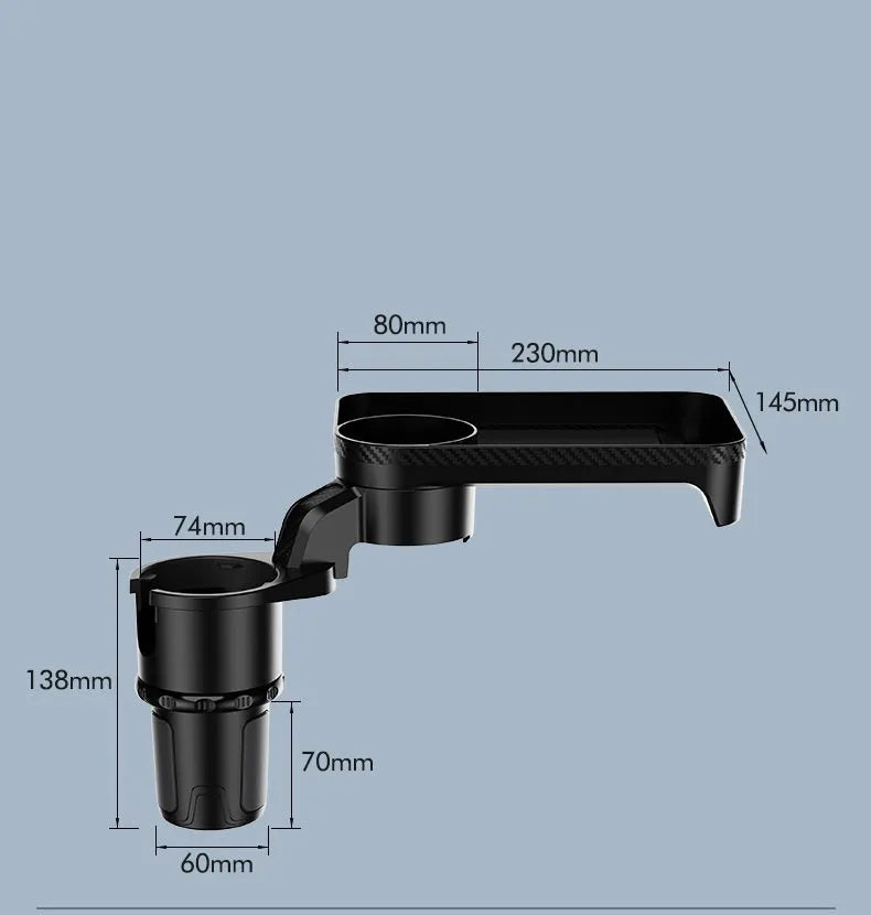 Black ABS plastic car cup holder dinner tray shown rotating, with plate secured.