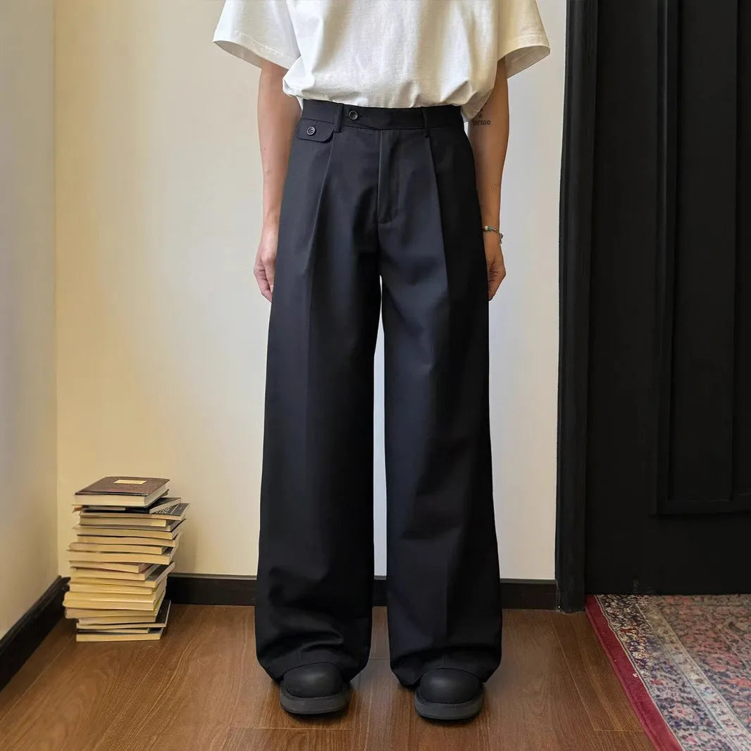 Men's straight-leg casual trousers with loose wide-leg cut and draping design in black or brown