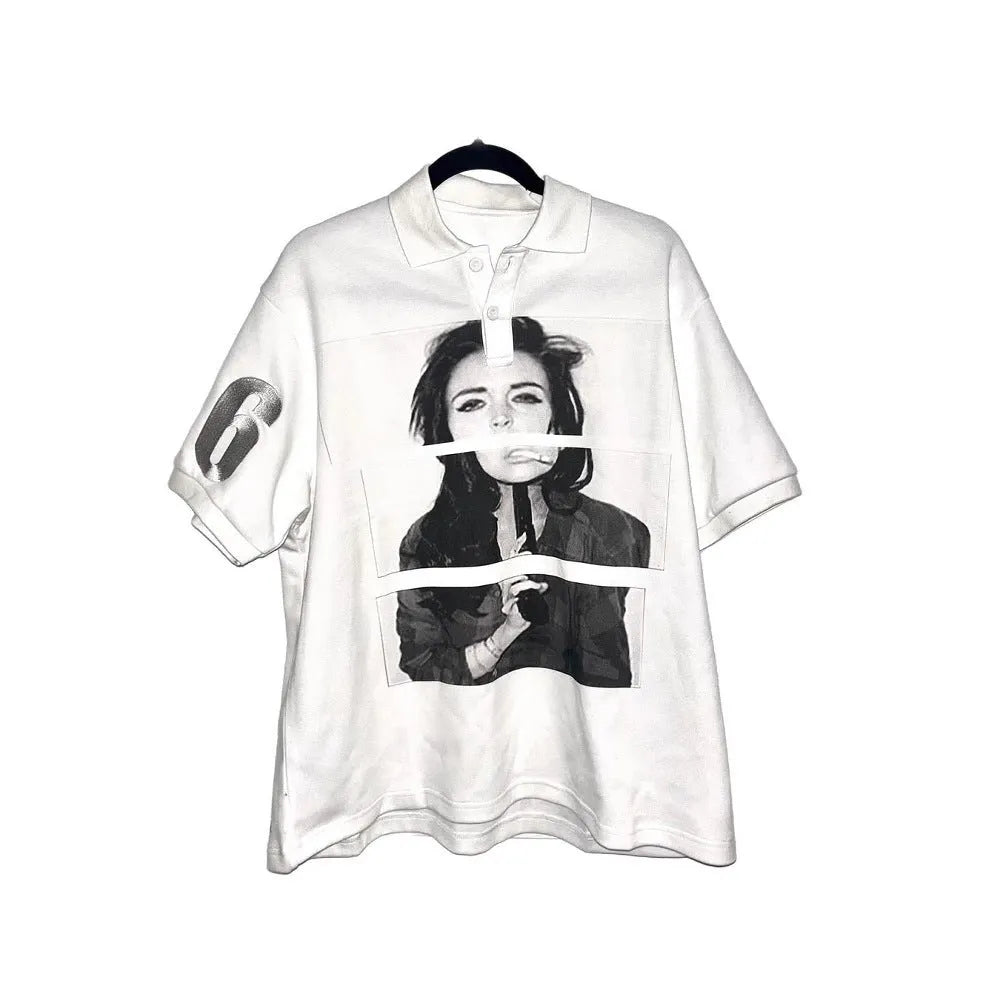 Short-sleeved polo T-shirt with printed pattern in polyester fabric