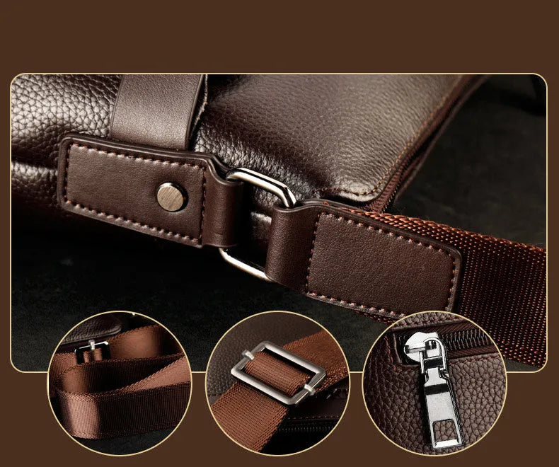 Men's PU leather messenger bag in black with zipper closure, soft body, and crossbody strap.