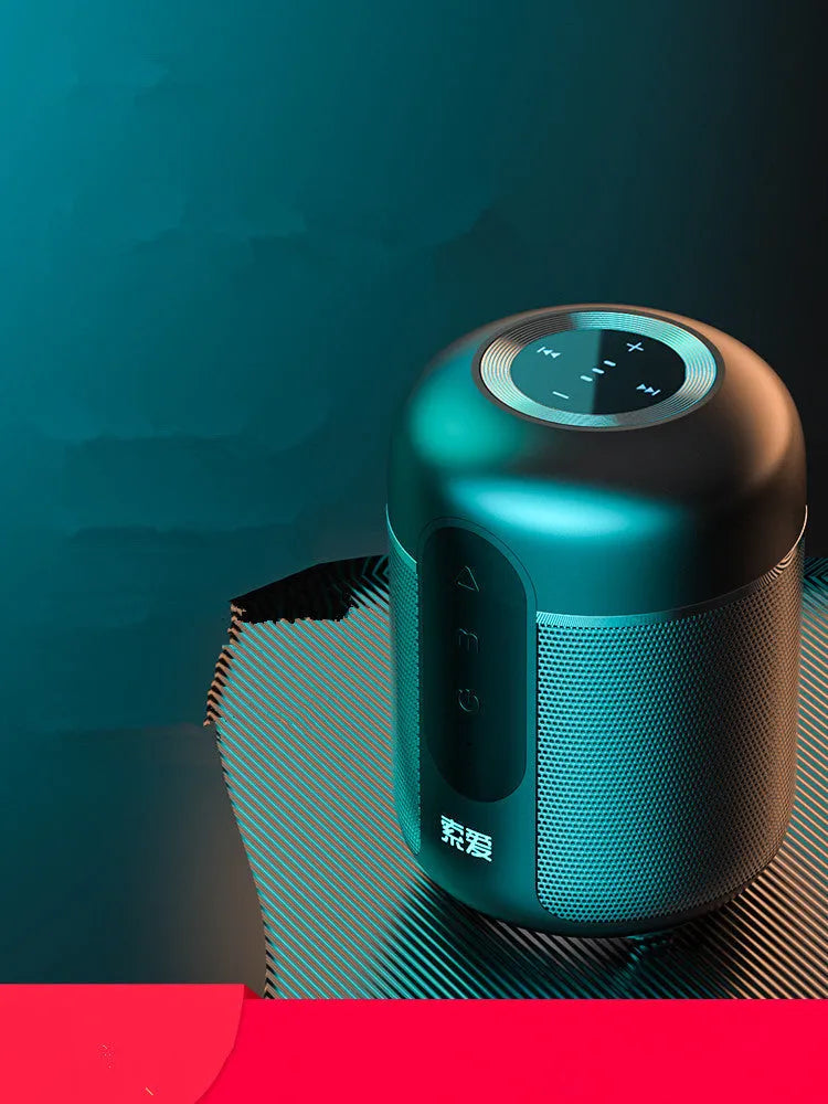 Black portable Bluetooth speaker with compact 72mm by 99mm dimensions showing connection ports