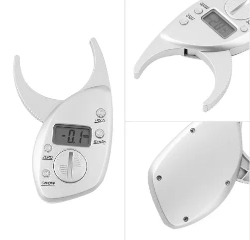 Digital body fat caliper with LCD display, anti-slip handle, and ABS plastic body on a white background