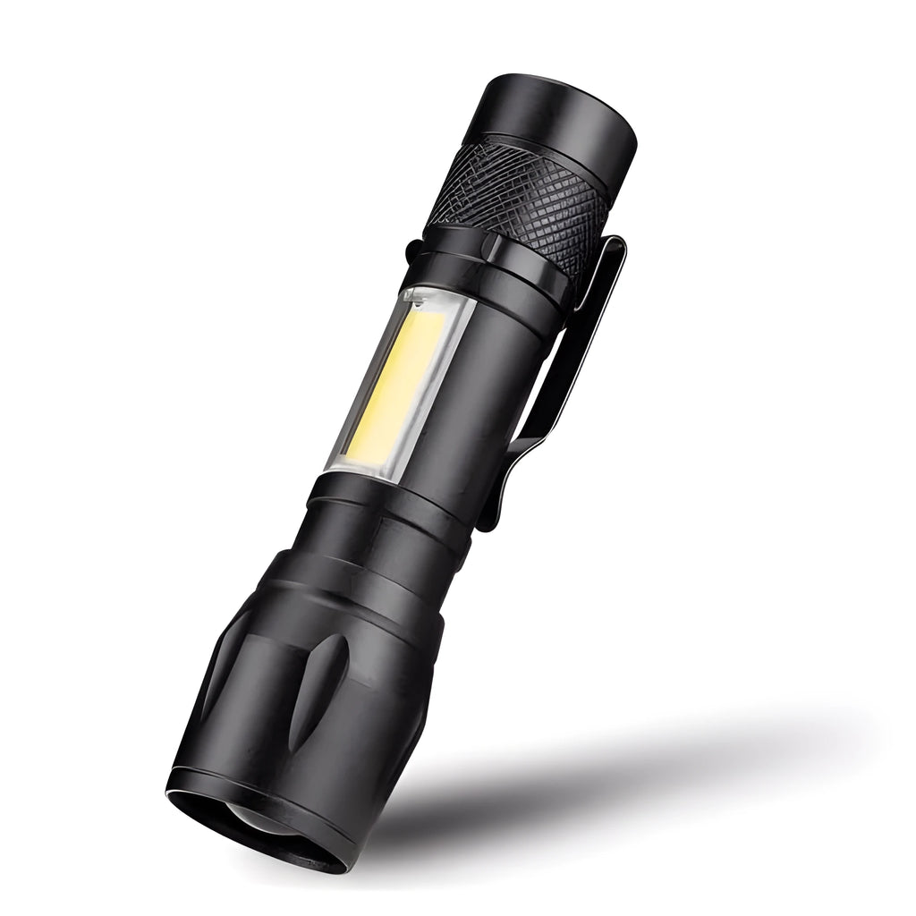 Black aluminium alloy mini torch with adjustable zoom focus and clip for pocket carry