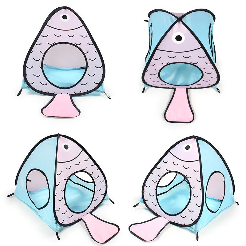 Foldable cat tunnel pet tent with three-piece design in cat and fish pattern