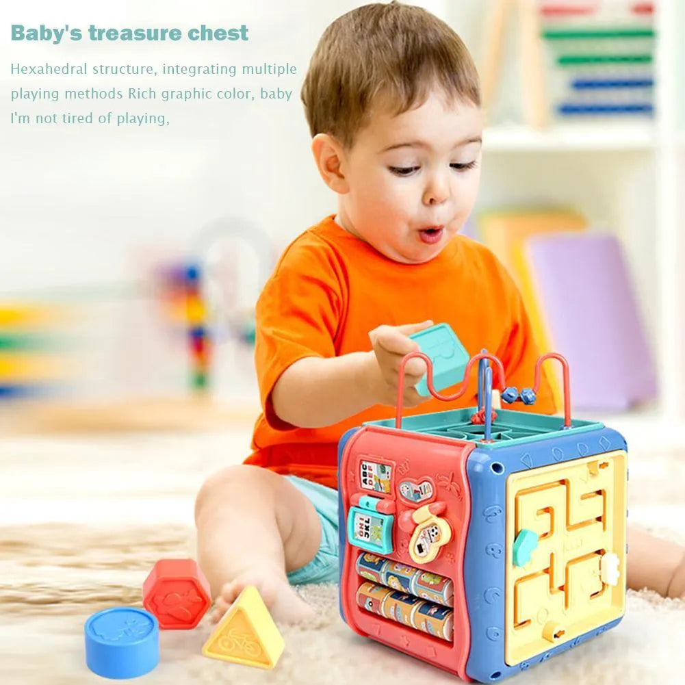 Baby Montessori hexahedron educational toy showing six sides with different learning activities