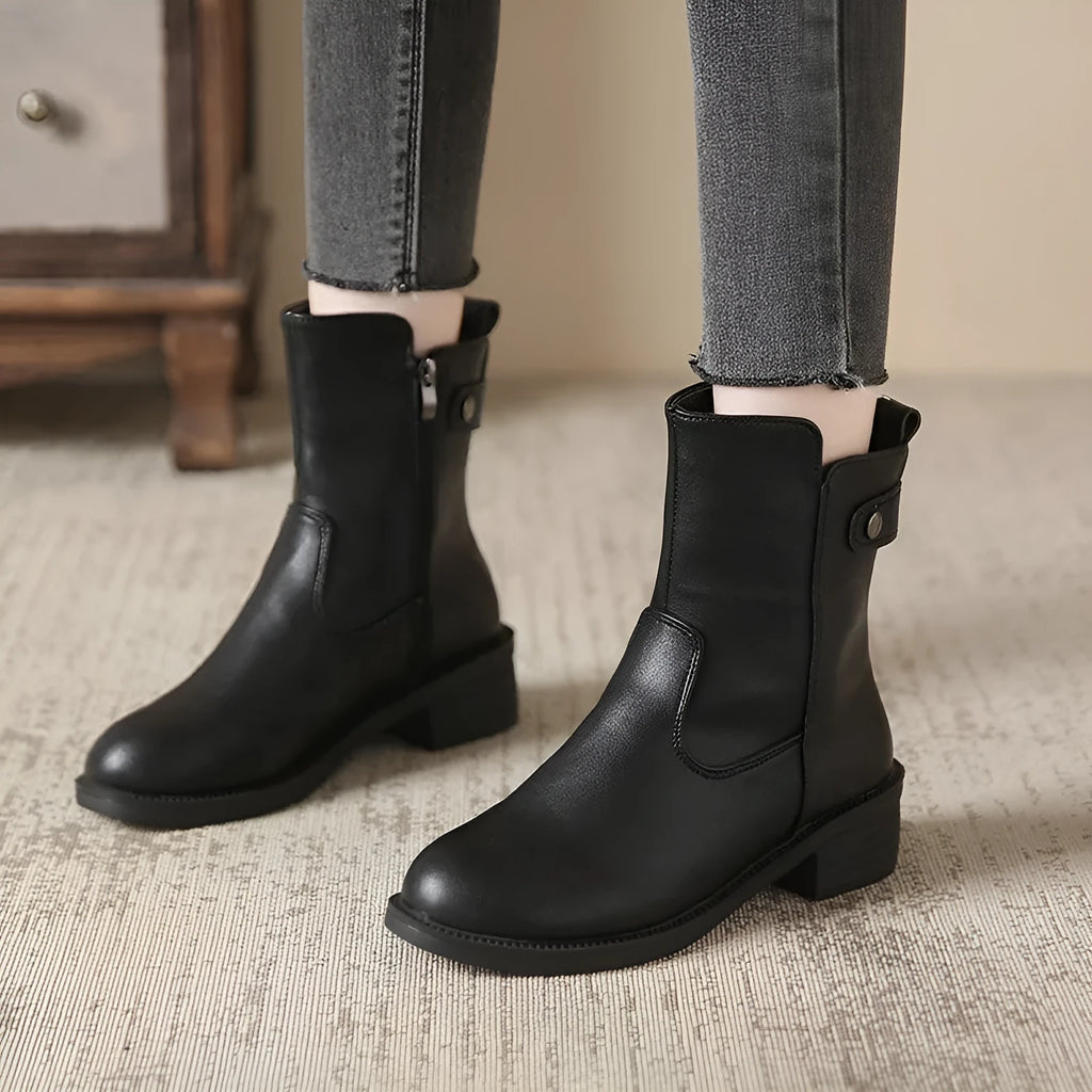 Women's black side zip low heel boots with round toe design