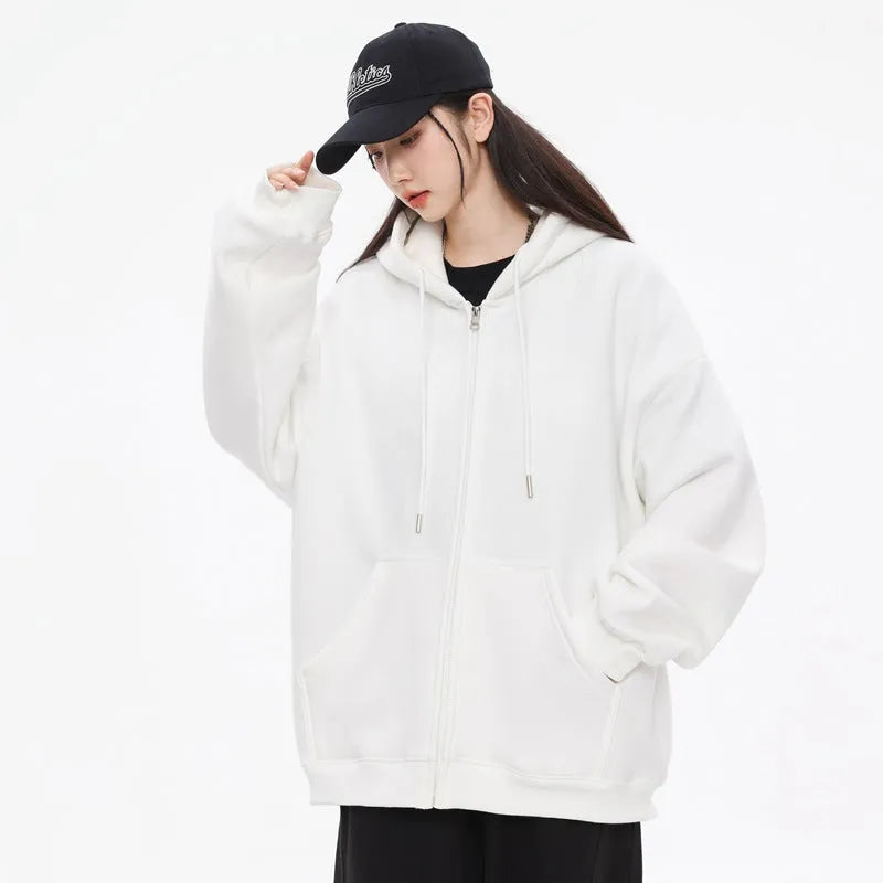 Men's solid colour hooded cardigan sweatshirt in loose fit polyester, front view