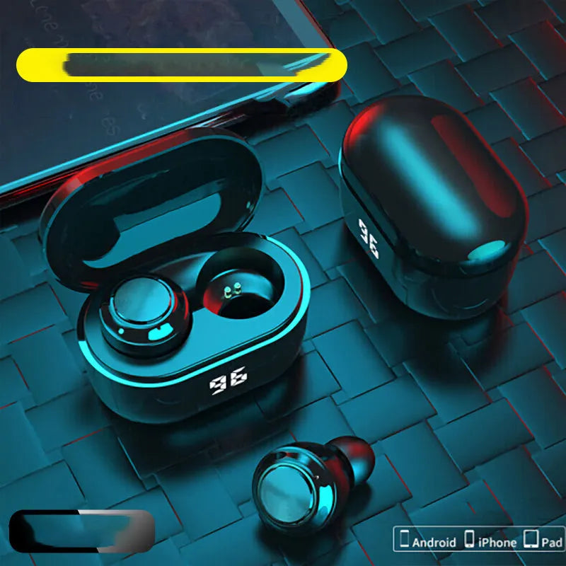 Black stereo Bluetooth earplug headset with NFC logo and power display