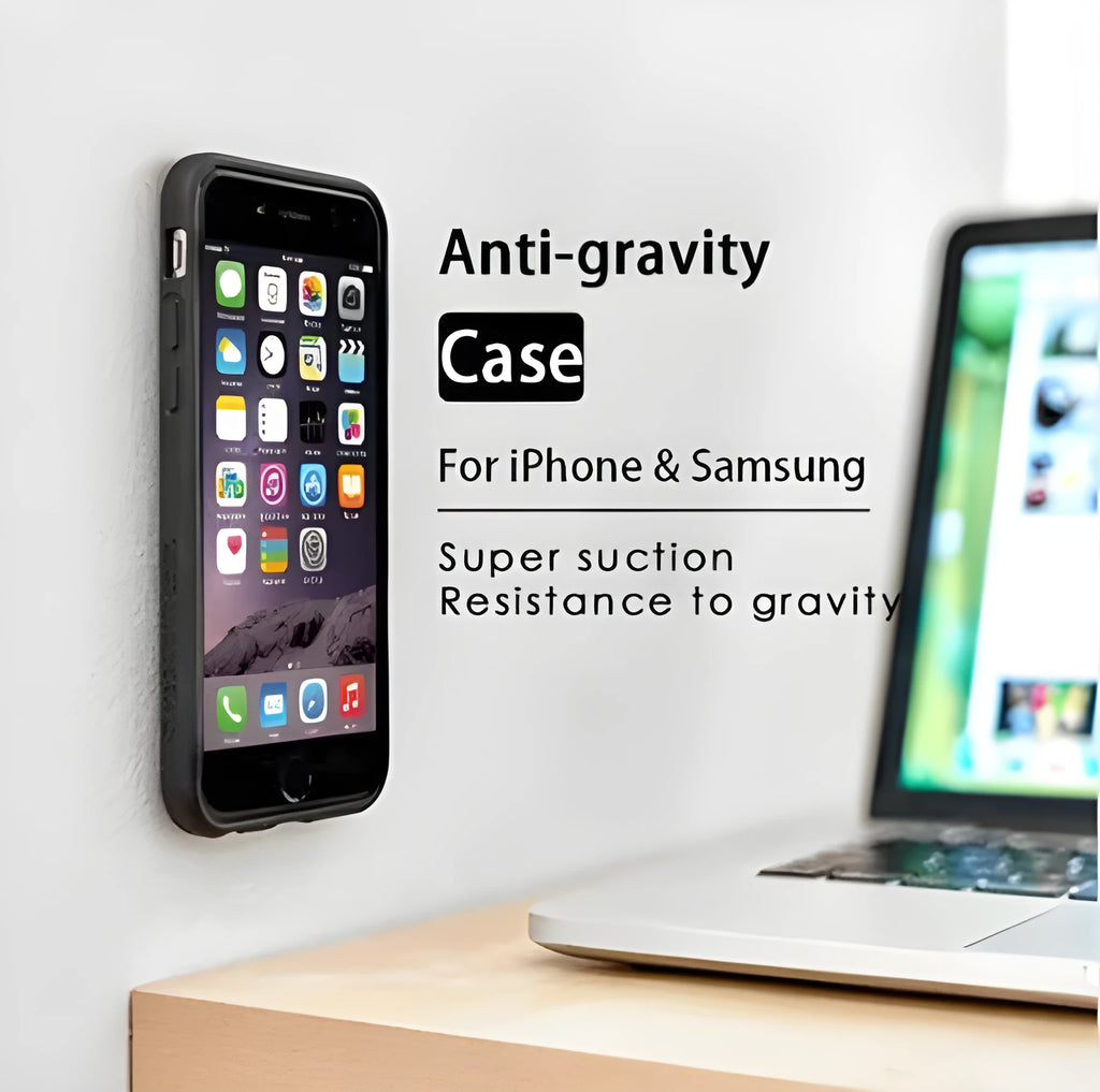 Anti Gravity Phone Case in black with self-adhesive back shown stuck to a glass surface