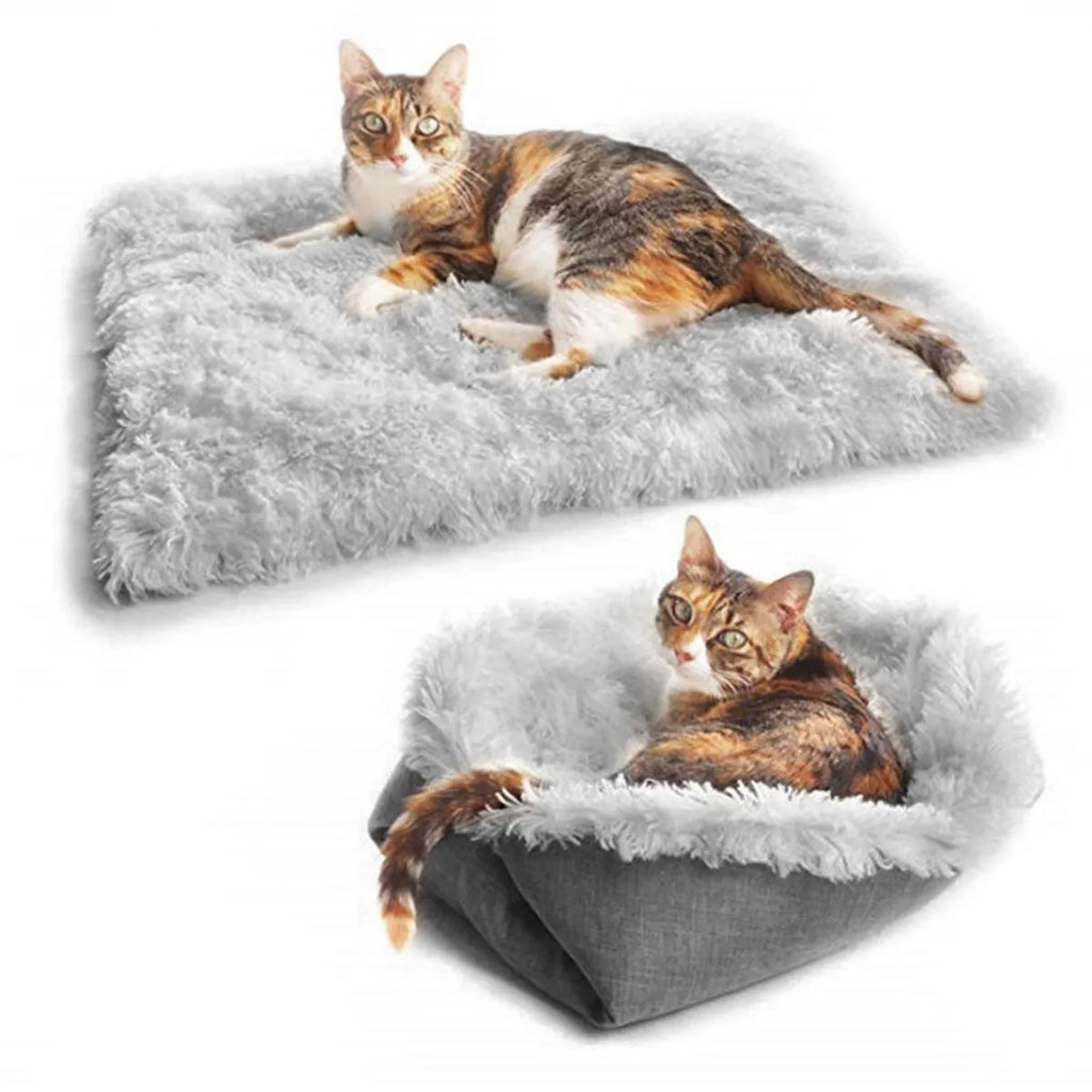 Grey pet warm pad with long plush hair and black non-slip bottom for cats and dogs