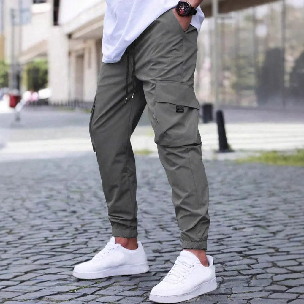 Workwear casual pants with drawstring elastic waist, solid colour, skinny leg, polyester, available in Asian sizes S-3XL