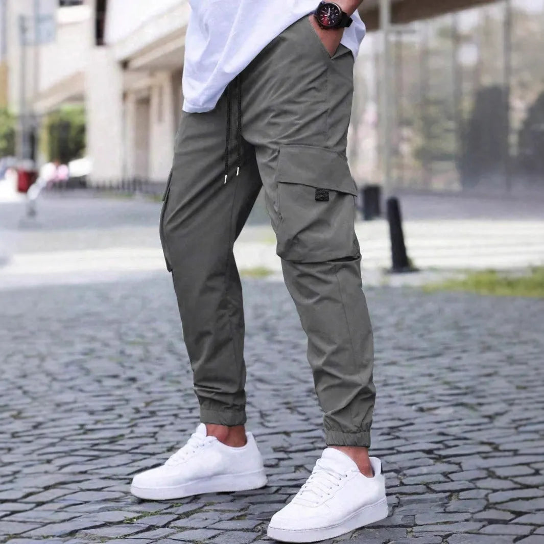 Workwear casual pants with drawstring elastic waist, solid colour, skinny leg, polyester, available in Asian sizes S-3XL