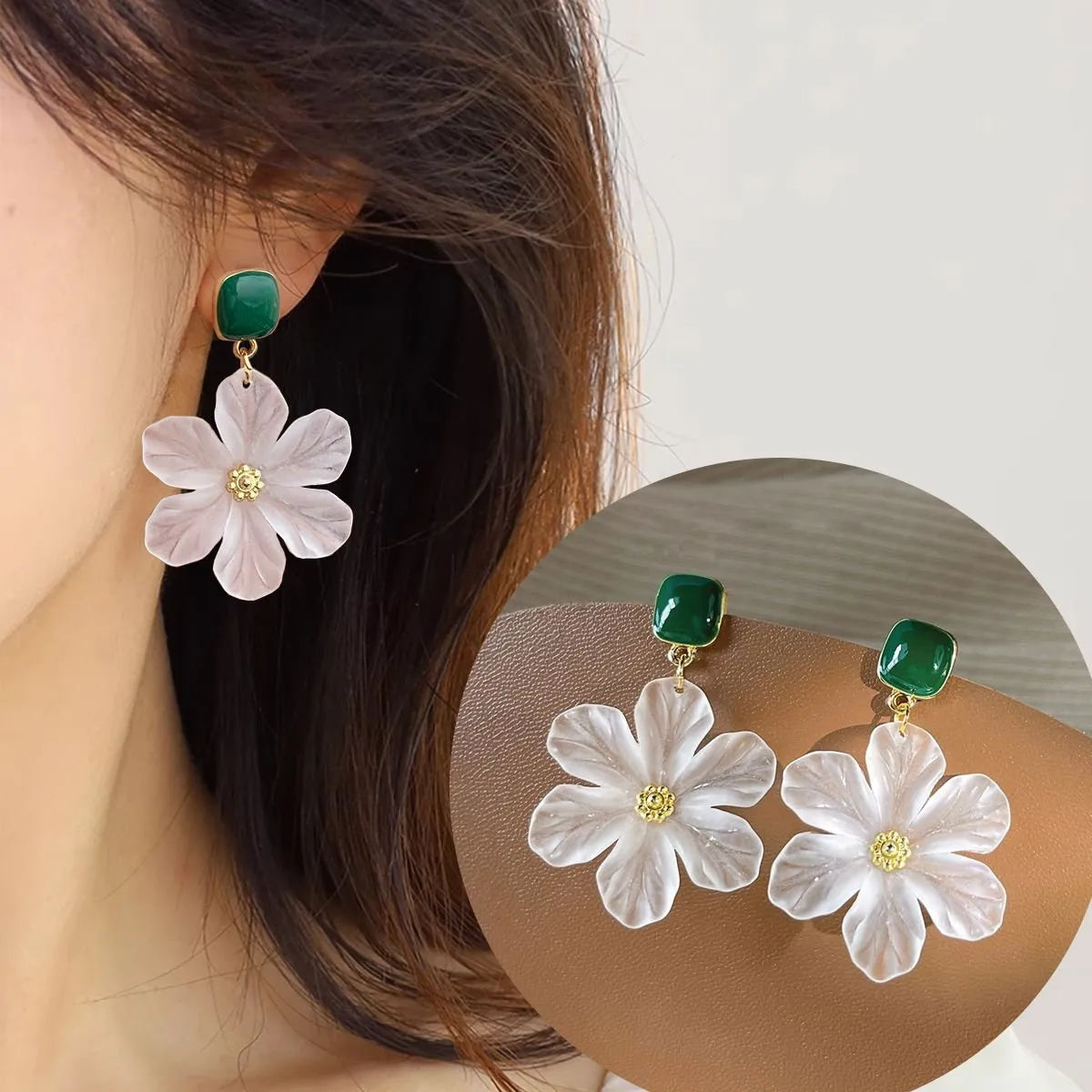 Dark green women's earrings with sterling silver-plated needle flowers design