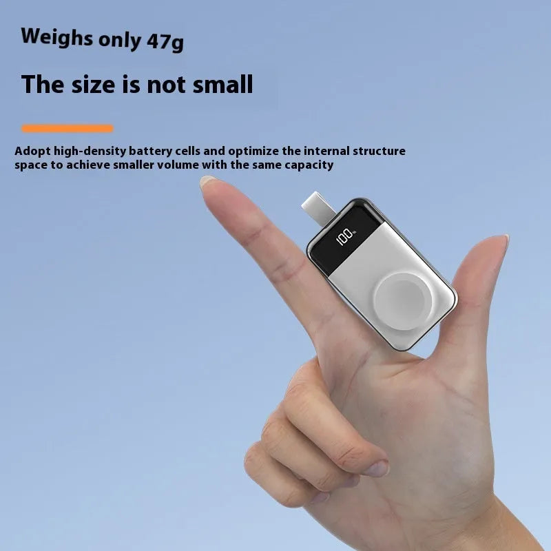 Silver mini portable wireless magnetic power bank with digital display and compact plastic shell, 75x43x16mm