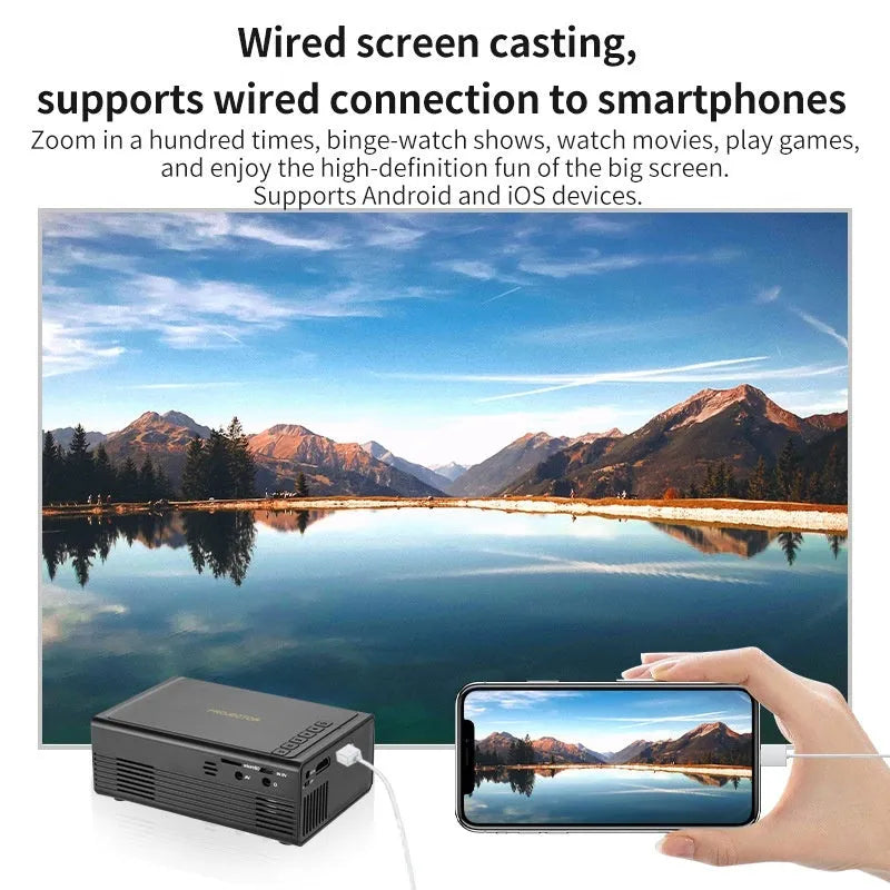 Black portable mini projector with wired mobile phone connection and international power plugs