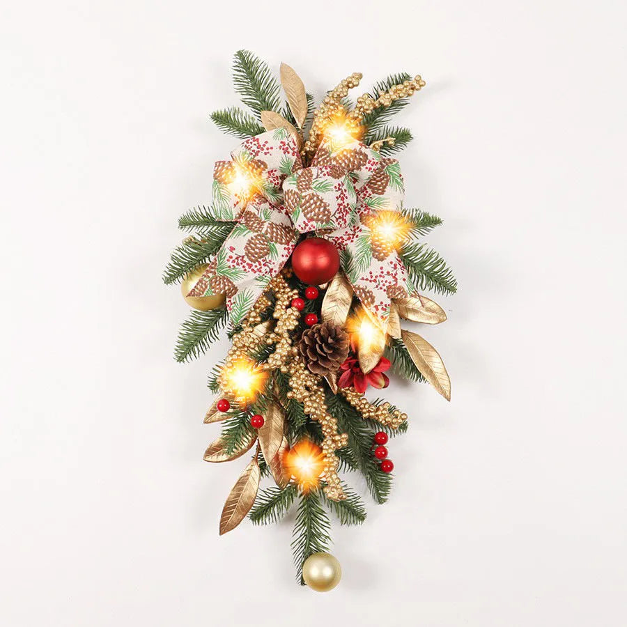 American country style plastic Christmas garland draped on a stair bannister with optional LED lights.