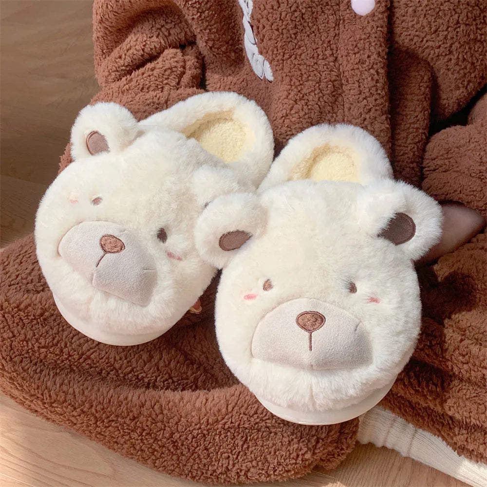 Women's plush suede slippers in milky white with cartoon pattern and round toe design