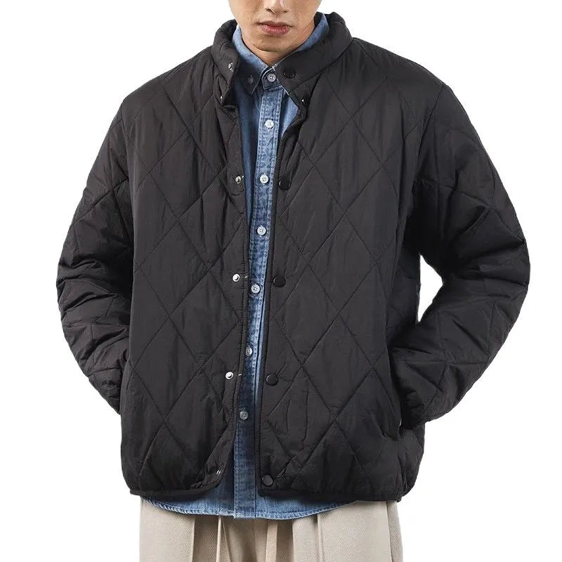 Men's black diamond quilted winter jacket with medium padding and 100cm length