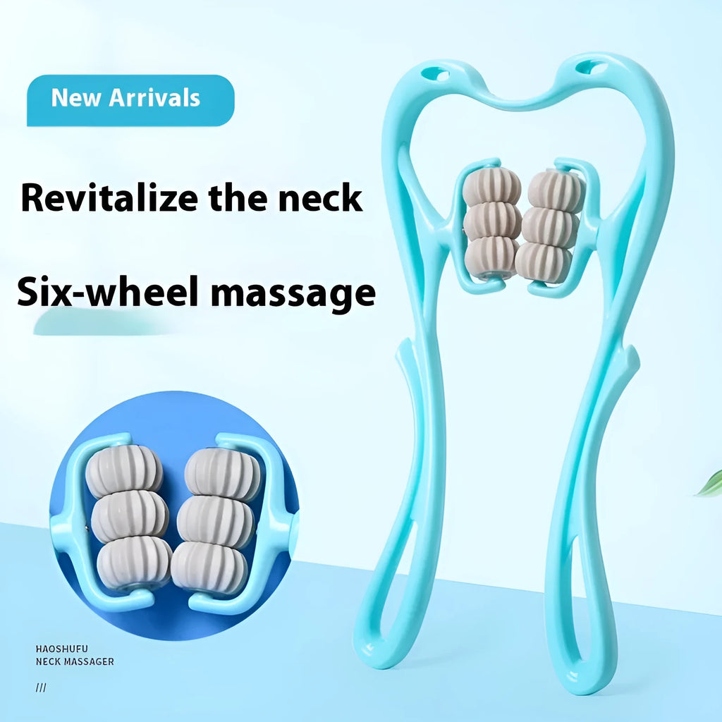 Blue plastic handheld massager with six black rollers for neck, shoulder, and back.
