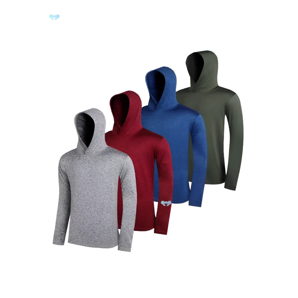 Four-pack of men's lightweight polyester hoodies in assorted colours on hangers