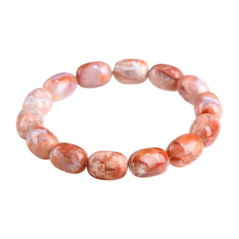 Natural cherry agate bracelet with barrel-shaped beads and Ruyi design element