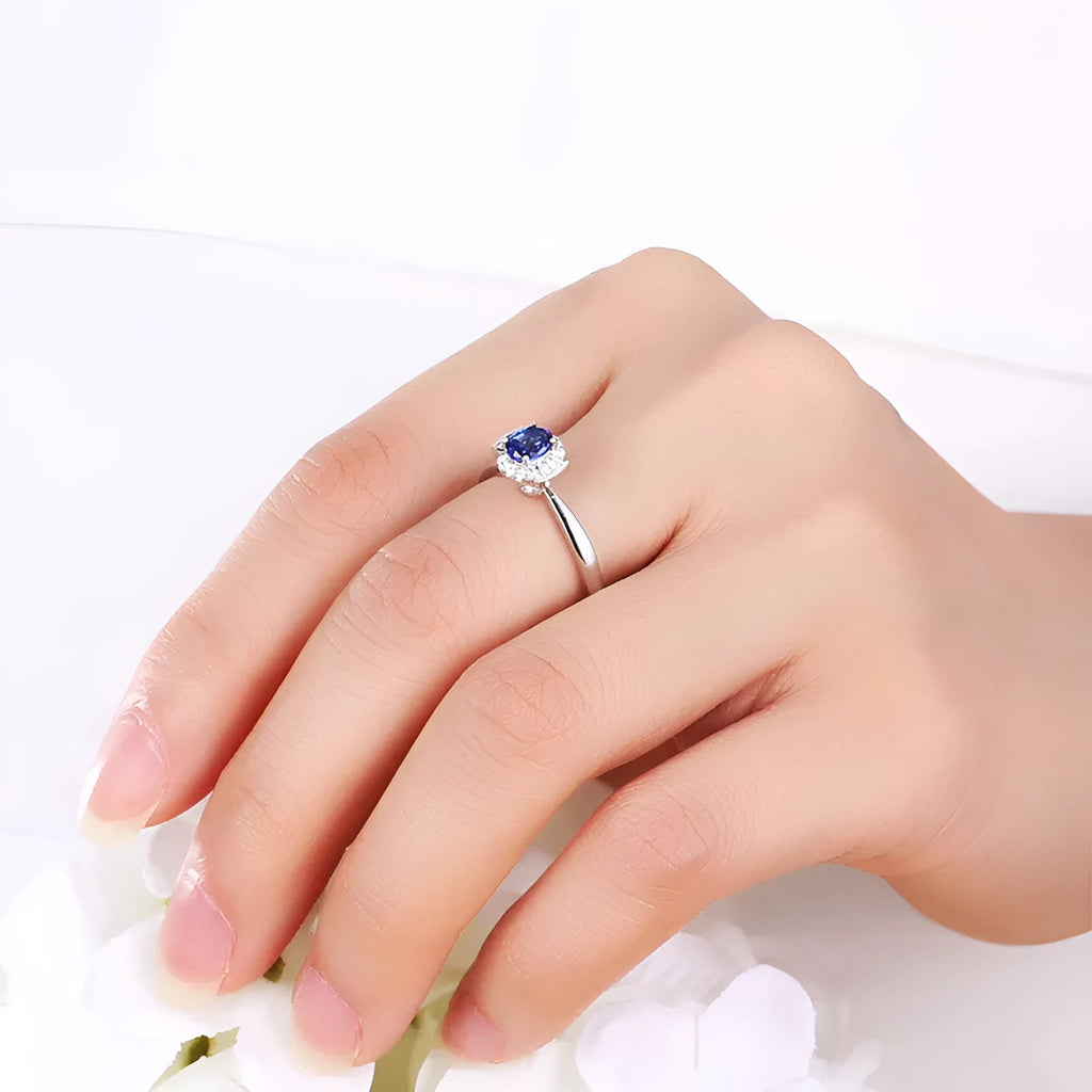 18k white gold natural sapphire and diamond ring women's simple style ring jewellery