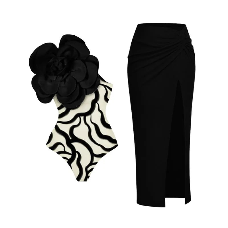 Black one-piece swimsuit with white three-dimensional flower design, form-fitting European American style.