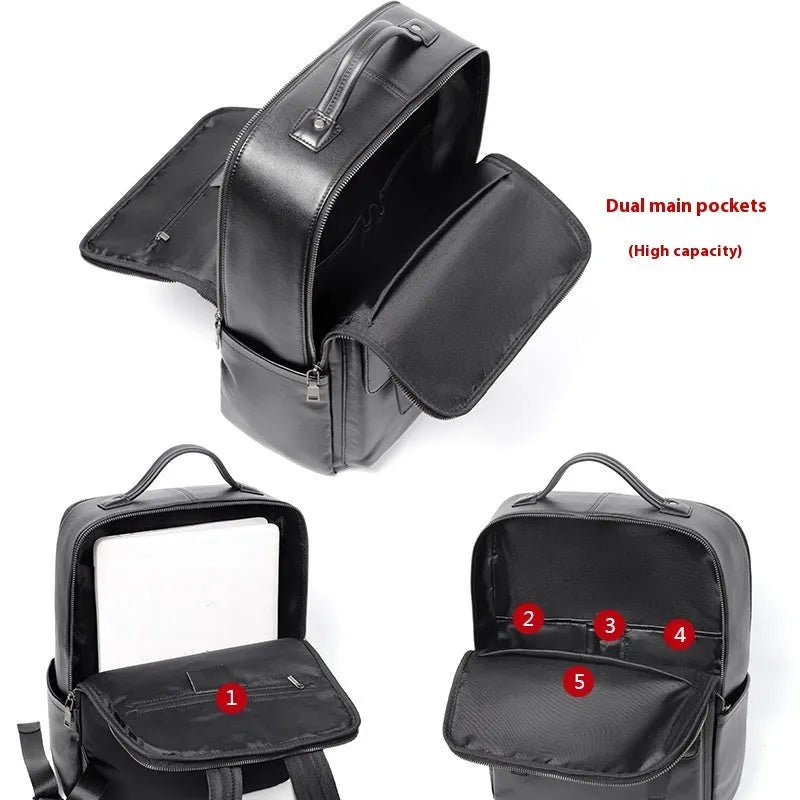 Men's black leather computer backpack showing front view with woven design elements