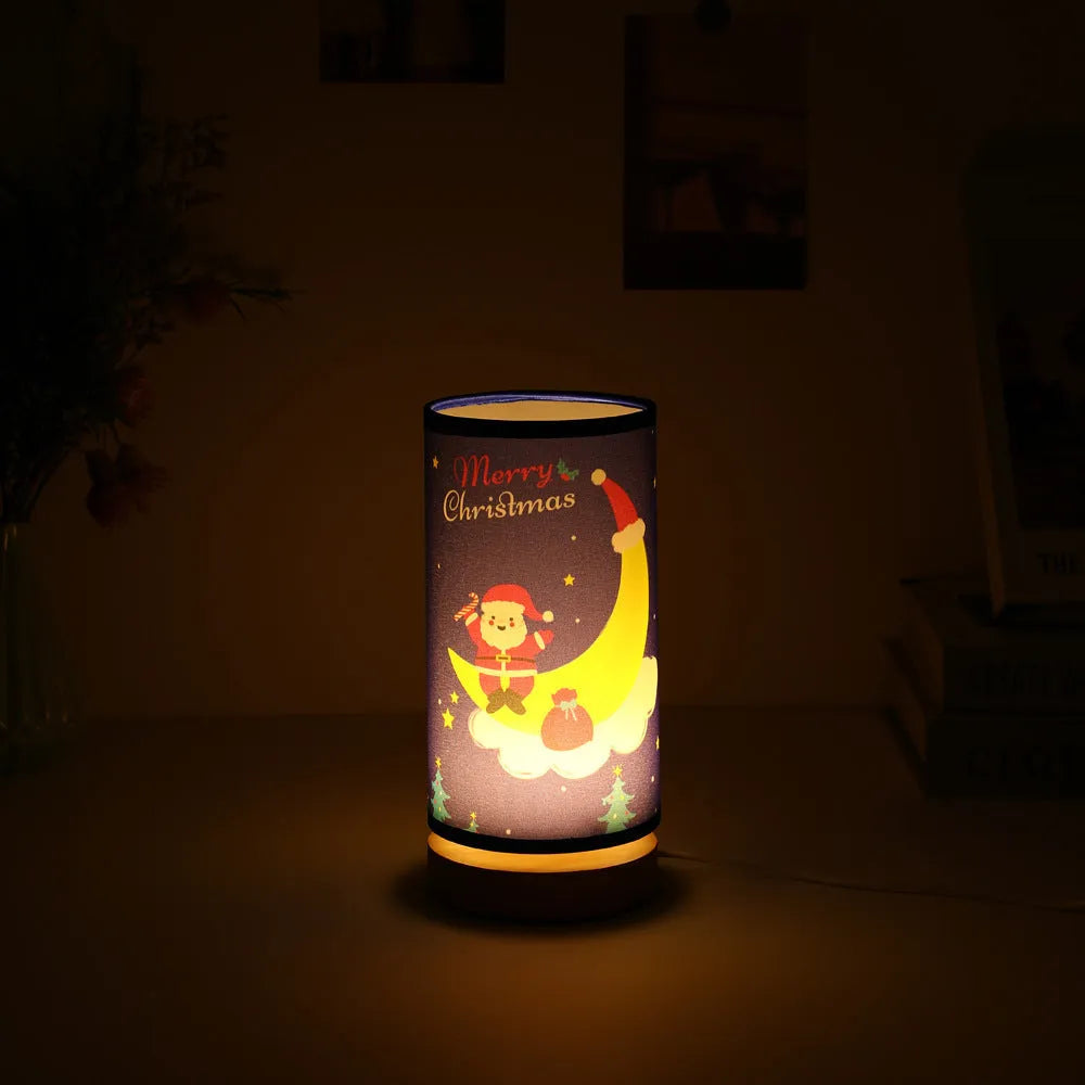 European-style Moon Santa Claus LED night light with bamboo base and USB plug.
