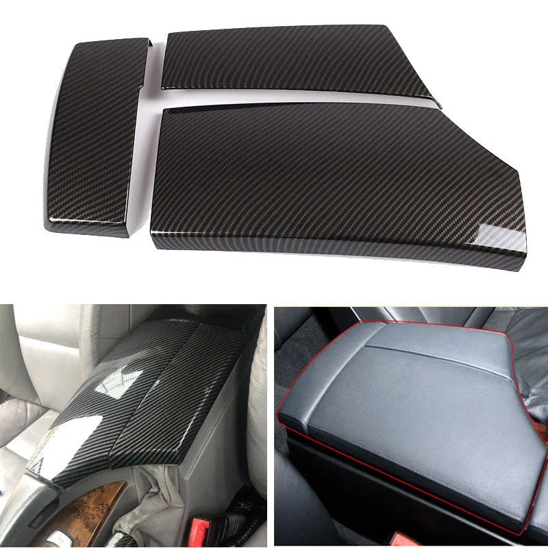 Three ABS armrest box protective covers with carbon fibre pattern, each measuring 33.5 by 16 by 3.5 cm