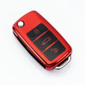 TPU protective car key case with buckle for VW Model A folding remote in blue, pink, red, and silver colours.