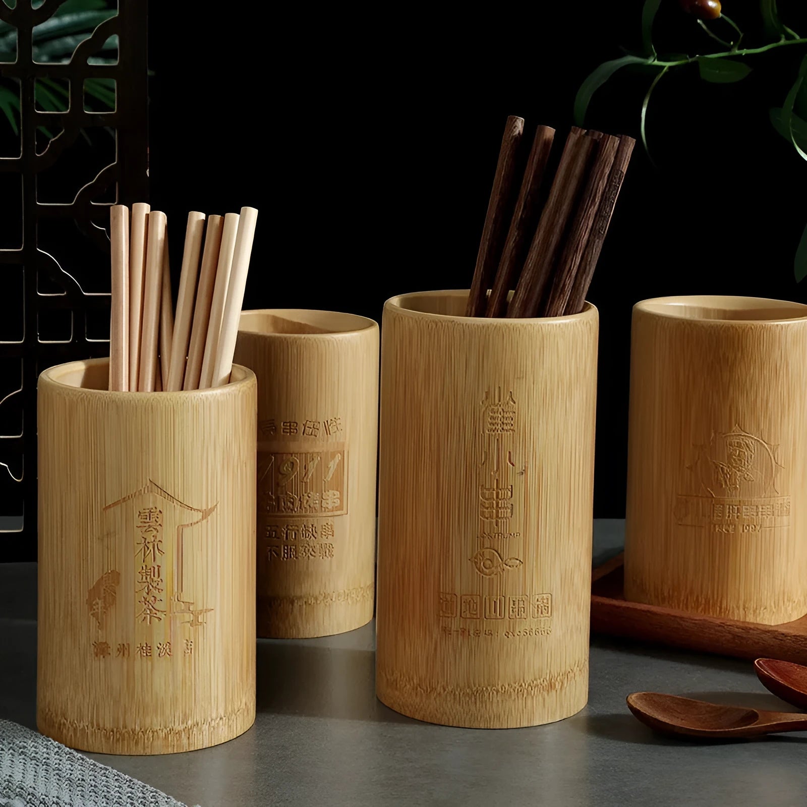 Bamboo chopsticks holder tube in creative design for organised utensil storage