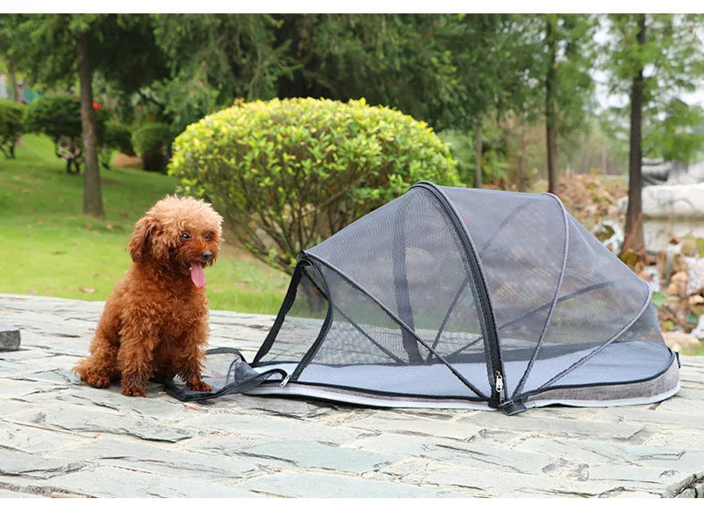 Black half mesh cat folding tent in collapsed position showing cloth and mesh sections