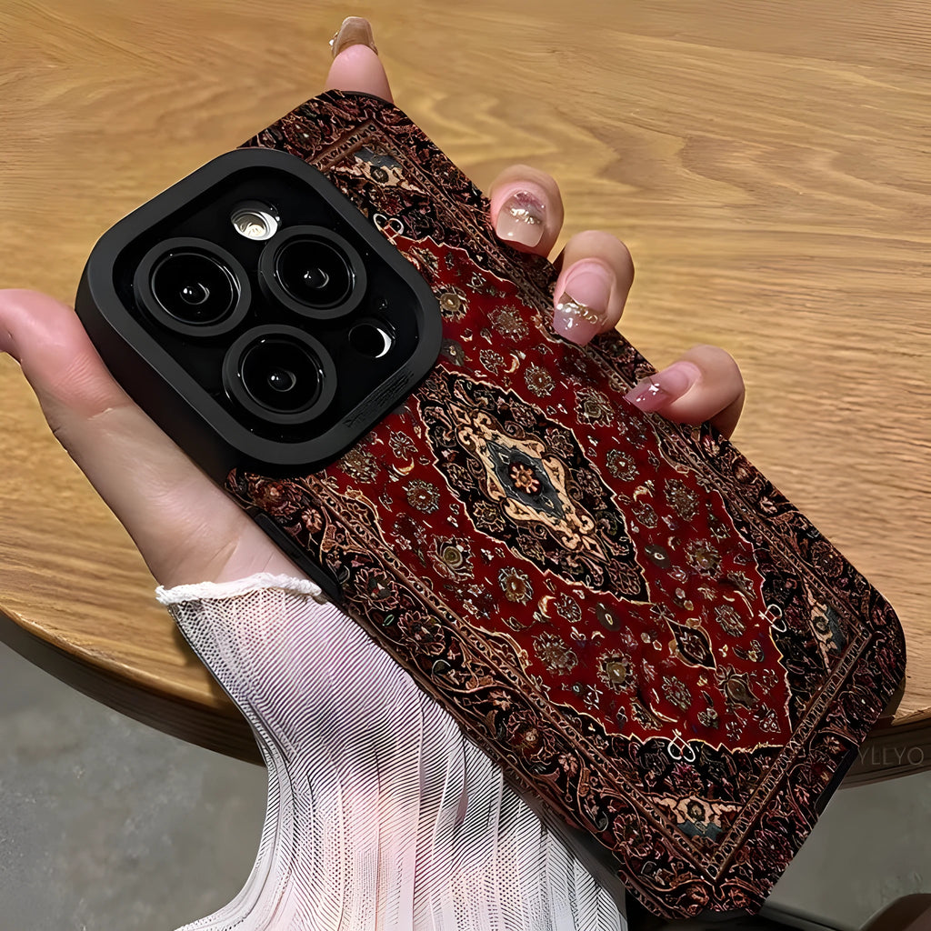 Yellow Persian carpet pattern embossed imitation leather phone case with lanyard for Apple iPhone