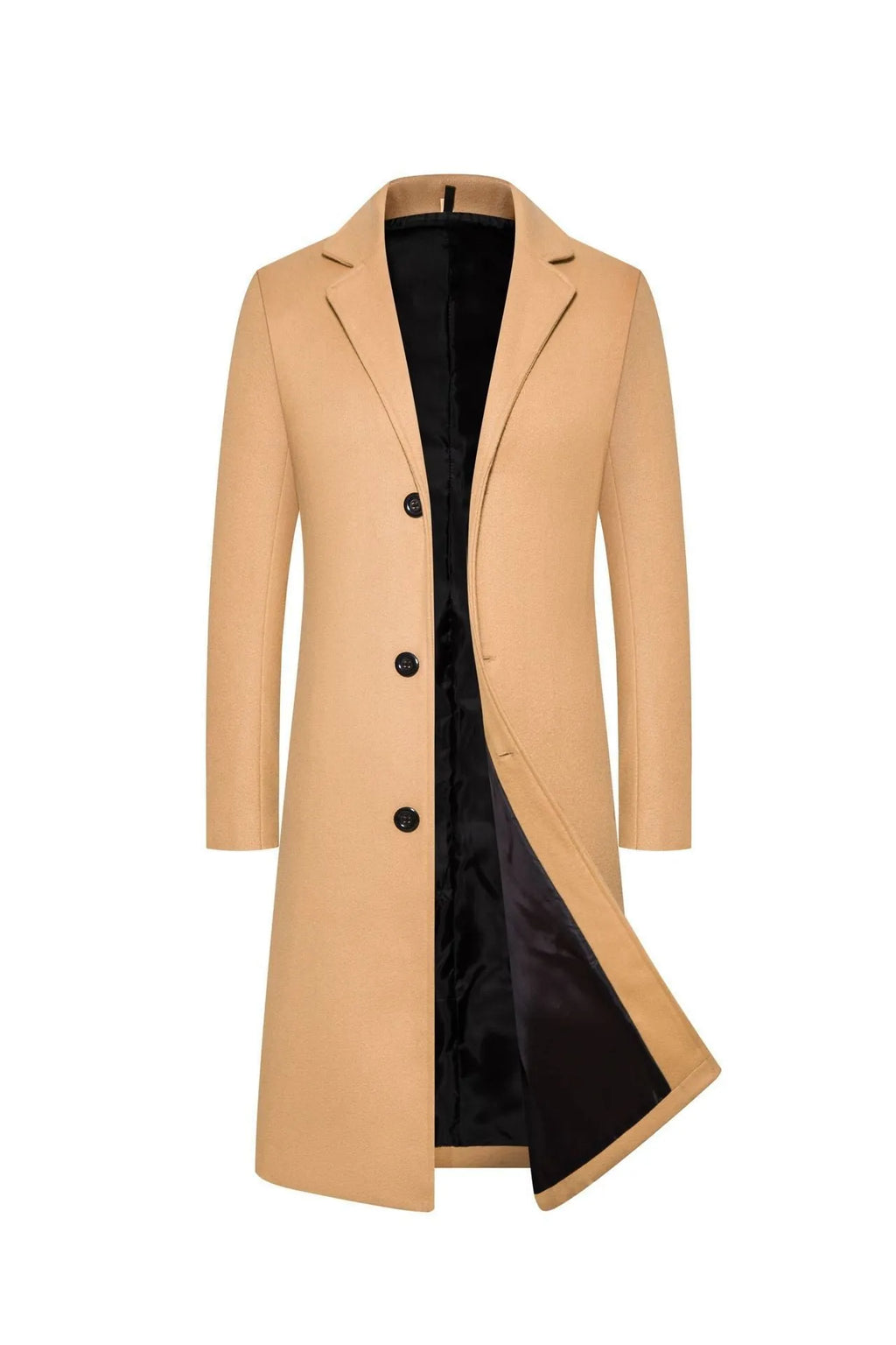 Men's wool mid-length thickened trench coat in solid colours, slim fit, 65cm length, available in sizes M to 5XL