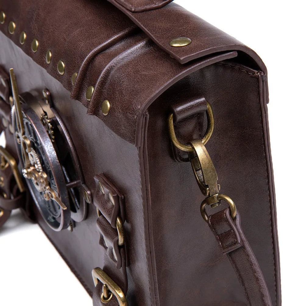 Bronze steampunk shoulder bag with industrial retro styling and horizontal square shape
