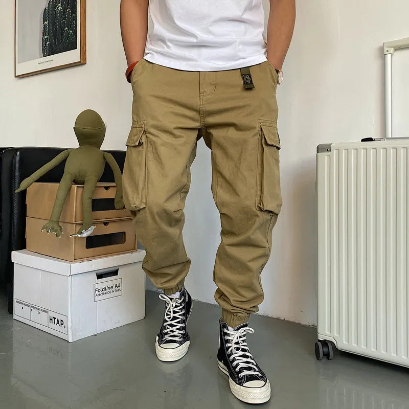 Men's pure cotton multi-pocket casual workwear pants in khaki with mid waist and ankle drawstring