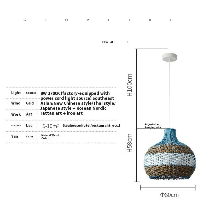 Natural woven rattan and bamboo pendant ceiling lamp with warm white light