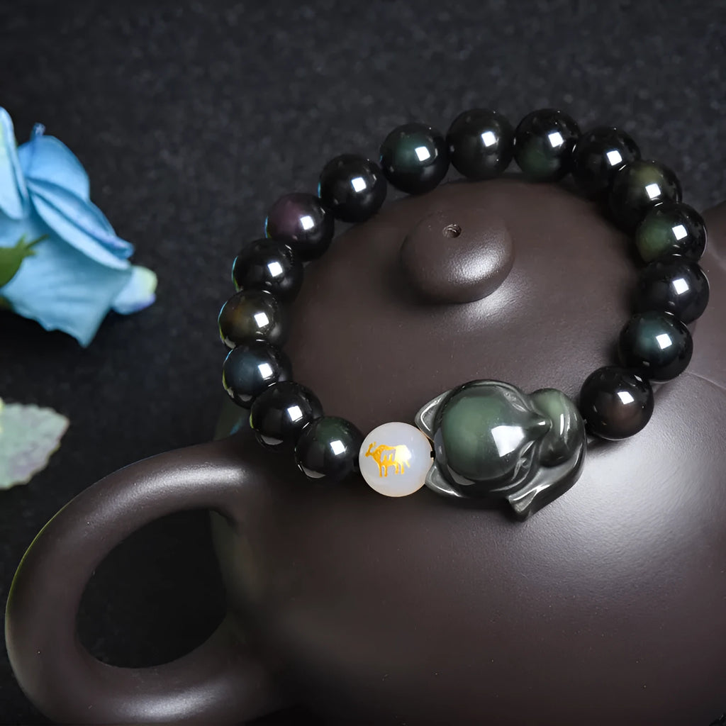 Natural obsidian zodiac guardian bracelet with 10mm beads in three style options