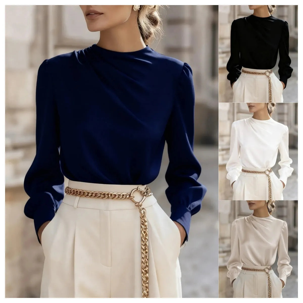 Women's pleated high-neck long sleeve lantern sleeve blouse in solid colour polyester, commuting style, black side view