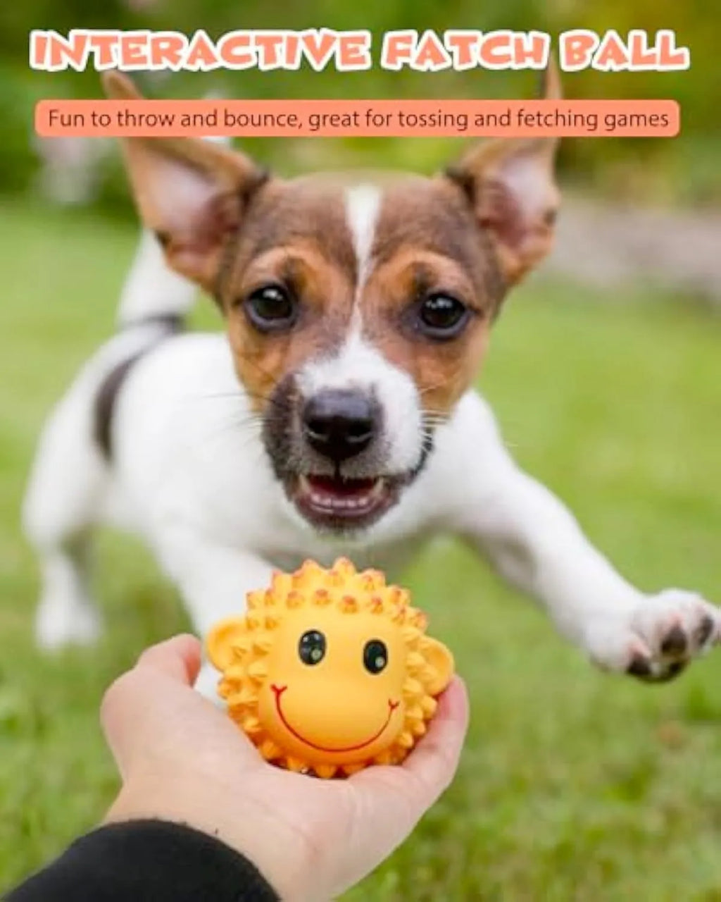 Orange and yellow spiky latex dog toy shaped like an animal with a squeaker inside