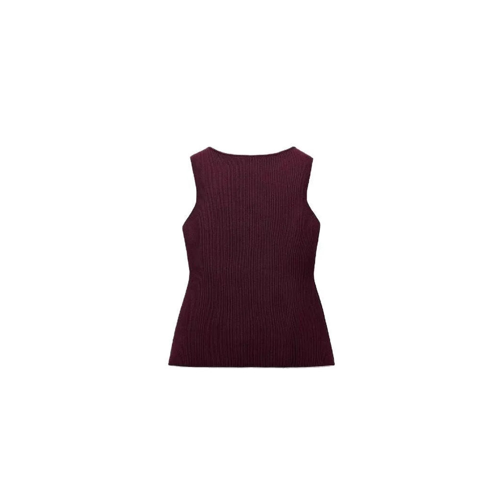 Dark red slim fit sweater vest with gold buttons and a raised 3D pattern, laid flat.