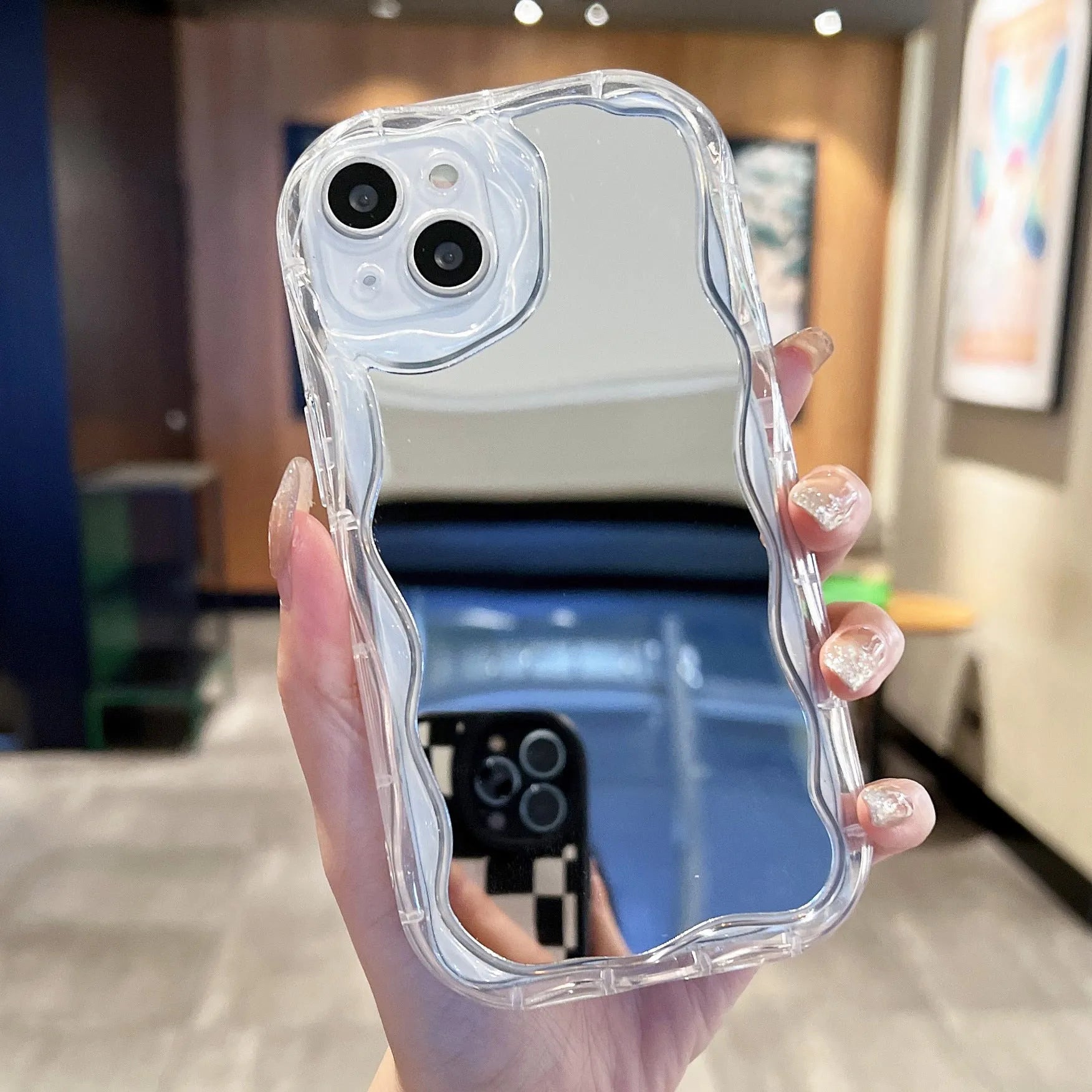 Cream pattern mirror phone case for iPhone with reflective back and drop-resistant TPU build