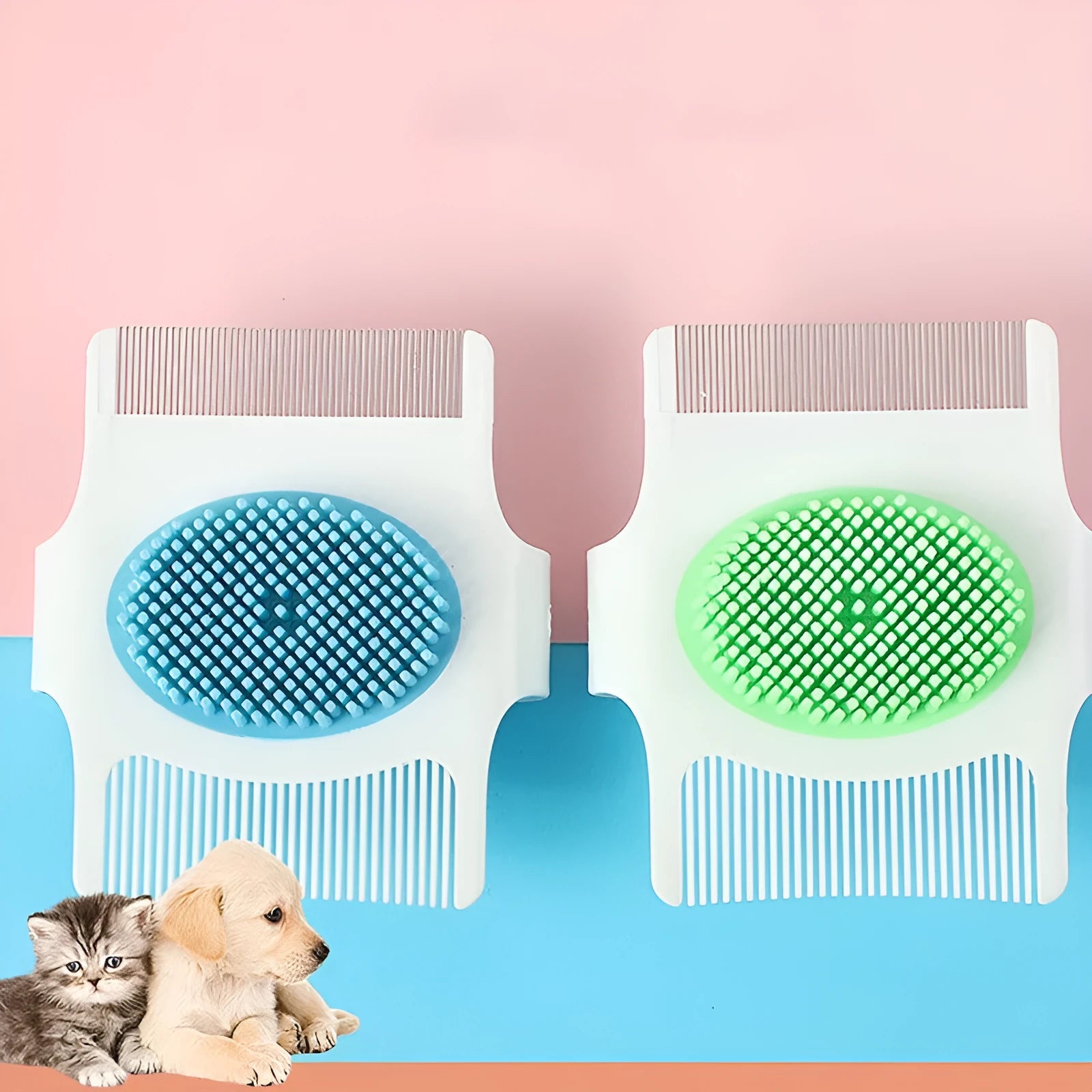 Blue plastic pet grooming comb with hair removal teeth and massage points