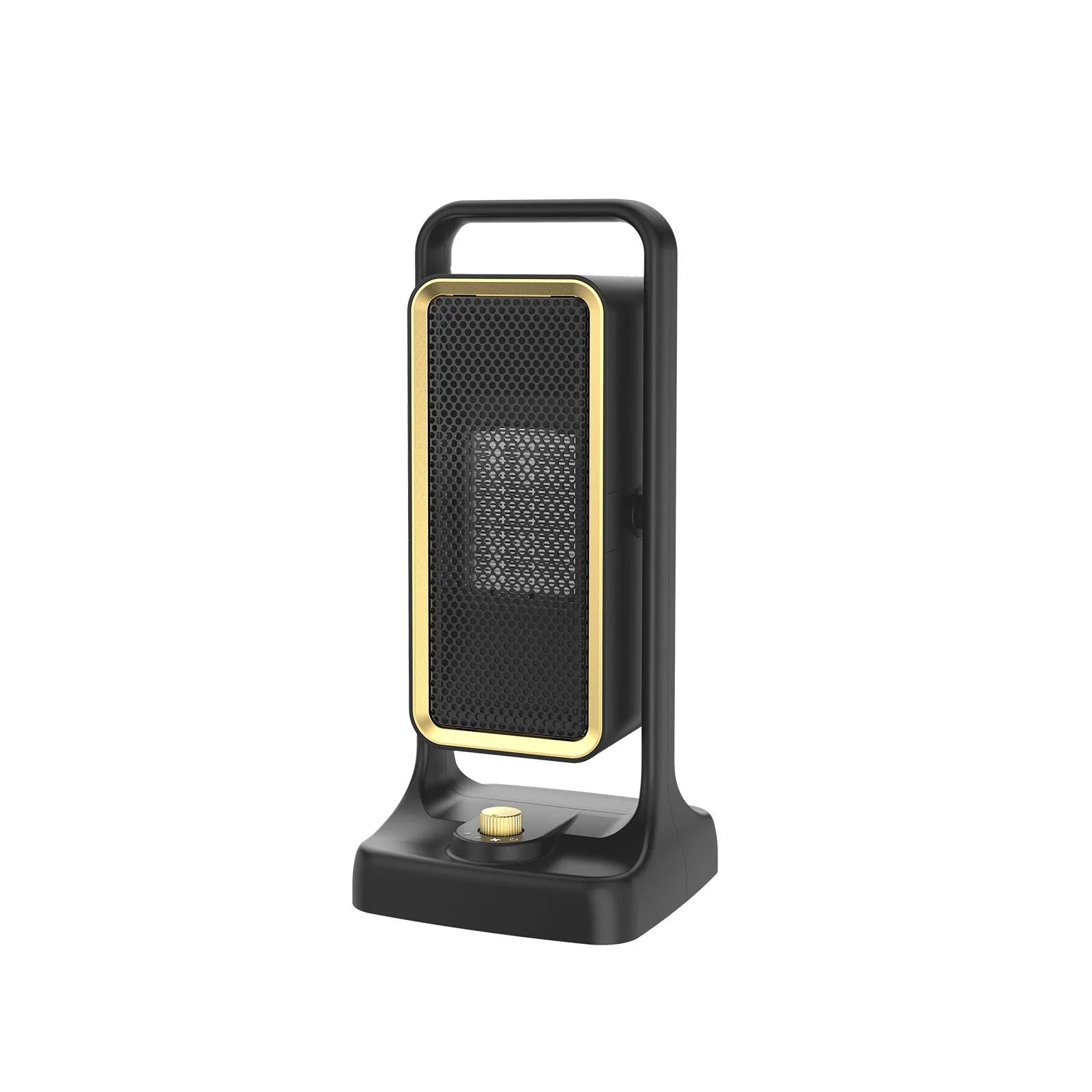 HQ-500A black desktop PTC ceramic heater with knob control, compact size 14.9x11.1x33.5cm.