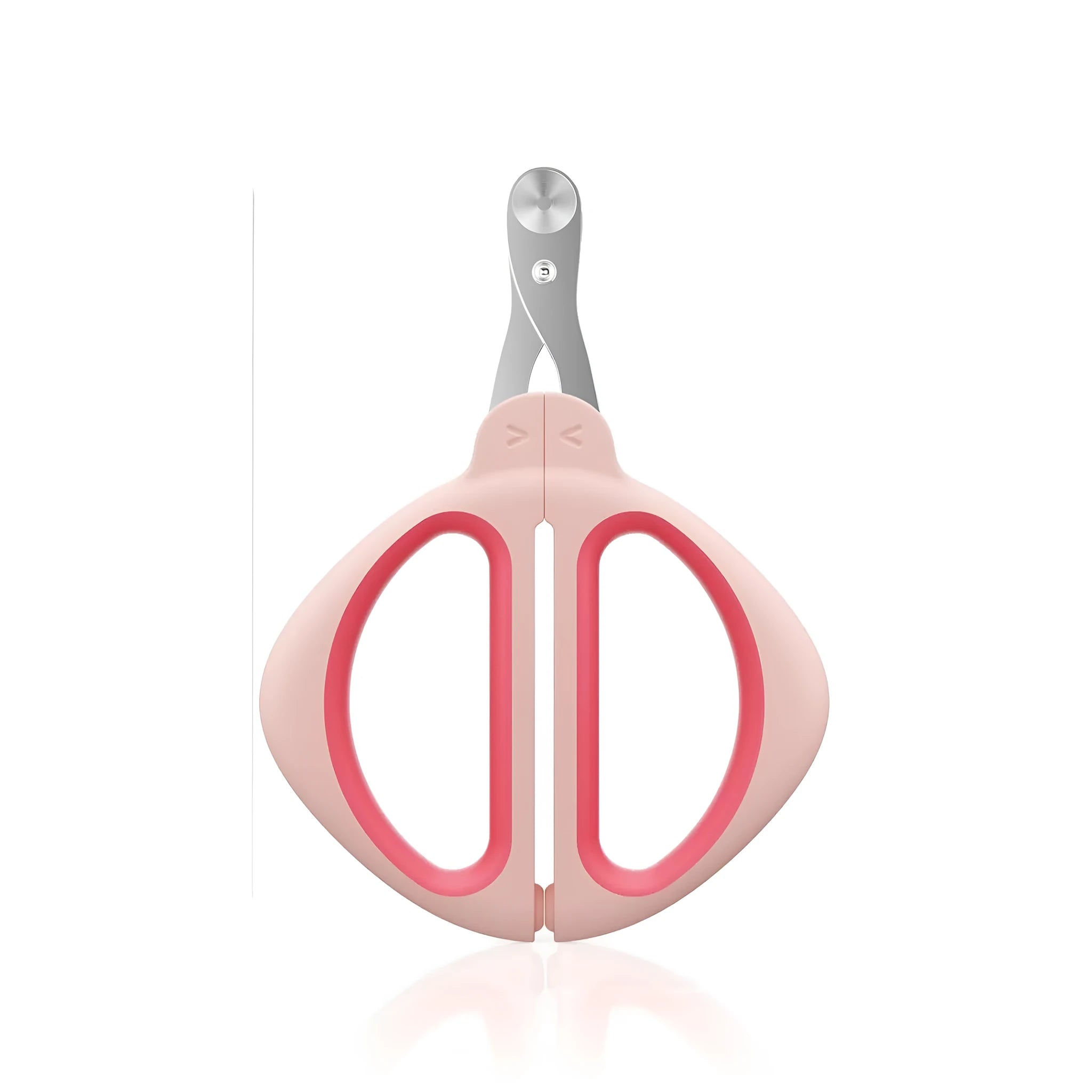 Cat nail clipper with positioning hole and stainless steel blade on pink background