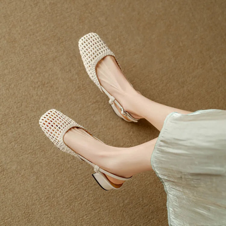 Women's woven hollow-out sandals with 4cm chunky heel and adjustable buckle strap